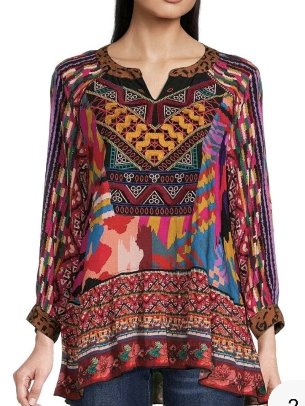 John Mark Women's Geometric Floral Boho Blouse Embroidered Fringe Vneck Colorful